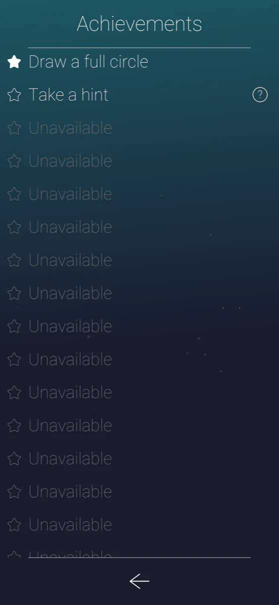 The achievements list, mostly locked, with hints next to each entry.
